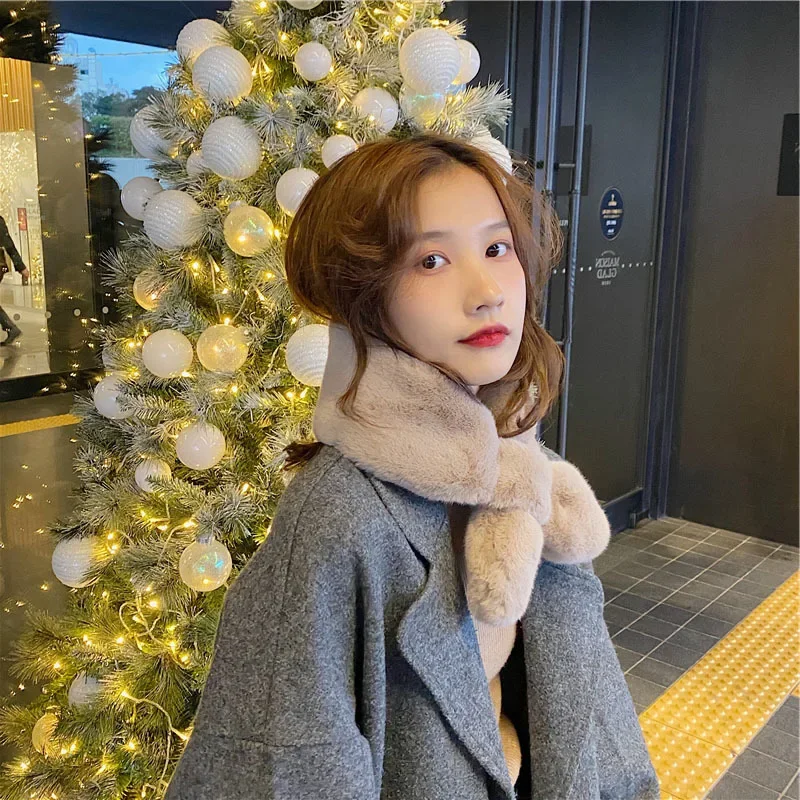 5 Colors Women Fashion Faux Rabbit Fur Collar Scarf Elegant White Plush Warm Cross Scarf Autumn Winter Outdoor Thick Neckerchief