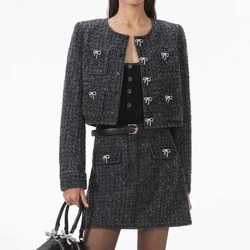 2024 Autumn/Winter Sequin and Rhinestone bowknot Tweed Set Women's High-waisted Skirt and Woven Jacket coat blazer