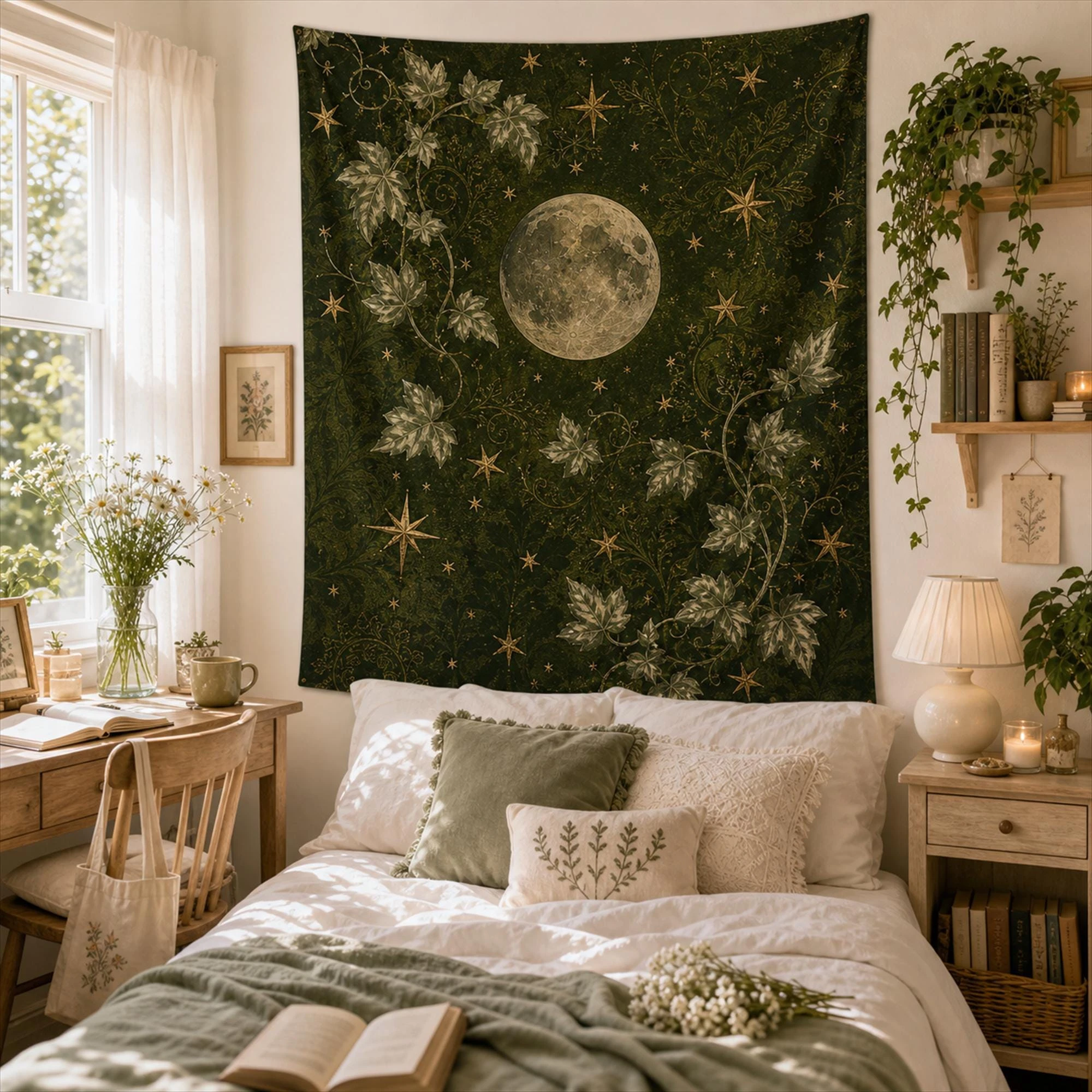 1pc Dark Green Full Moon Ivy Star Tapestry, Forest Botanical Celestial Moon Vine Wall Hanging, Bedroom Decor, Polyester 2D Prin