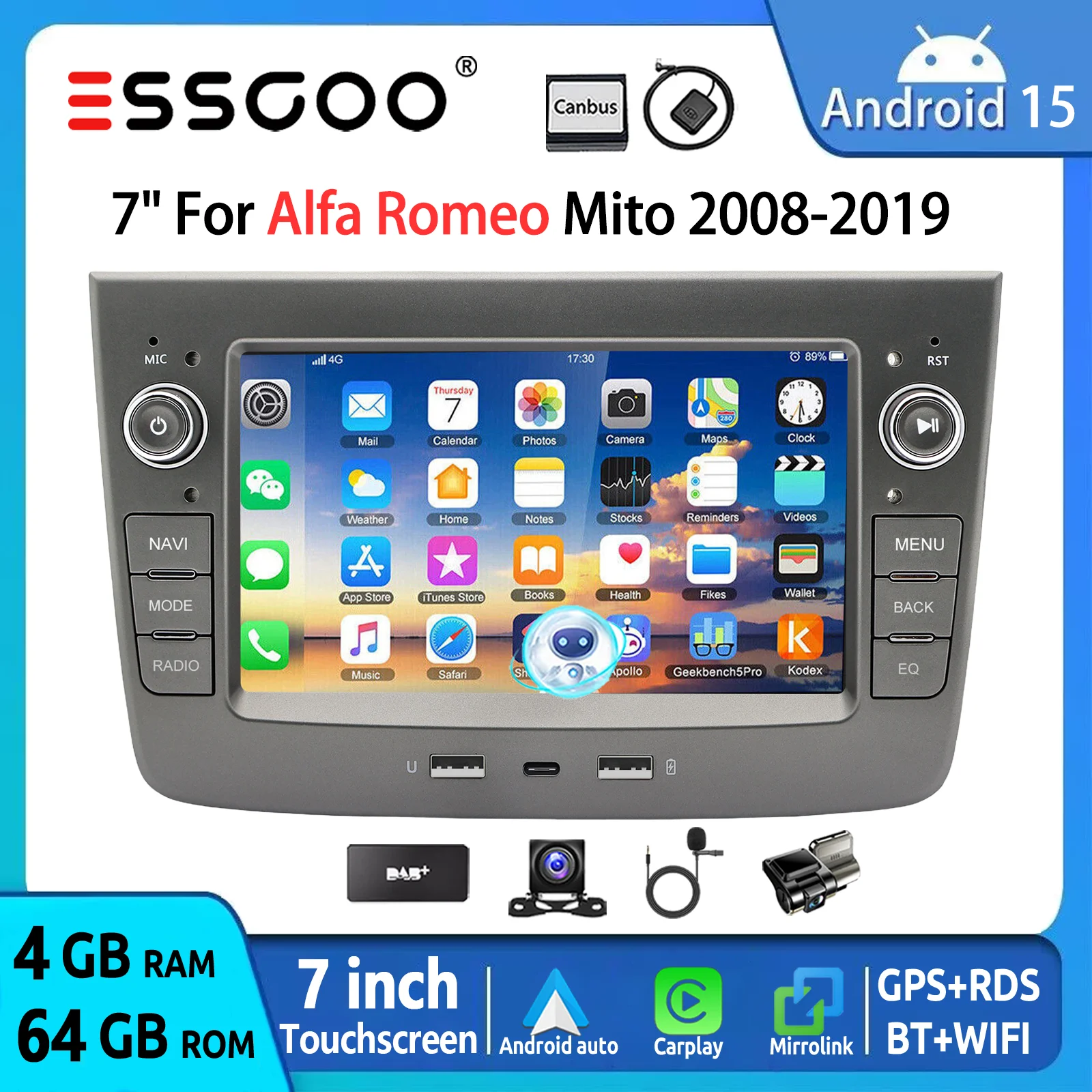 ESSGOO 7 "4 + 64G Android 15 Carplay Android Auto Auto Radio für Alfa Romeo Mito 08-19 GPS Navi FM BT USB RDS Wifi SWC Spiegel Link