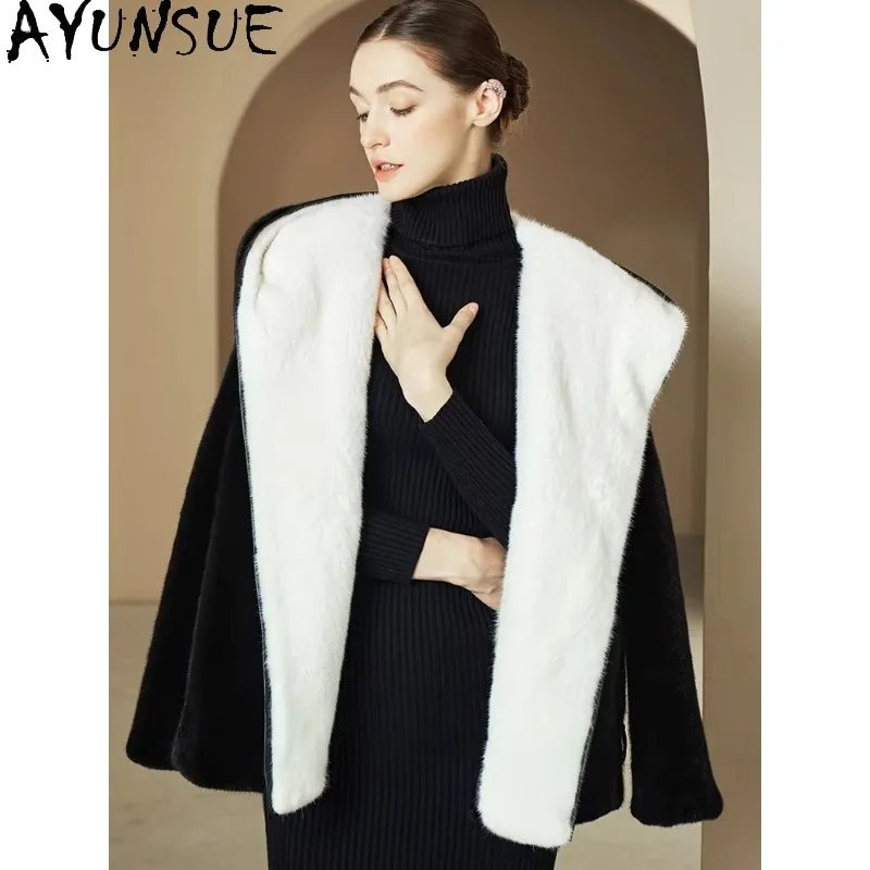 AYUNSUE Purple Label Mink Fur Coat Woman Winter Jacket Hooded Black Fur Coats Mid-length Outerwears Woman Clothing Шуба Женская