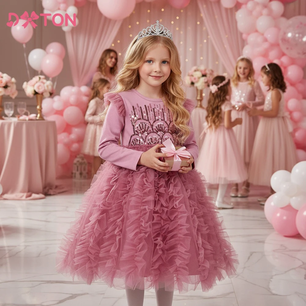 DXTON Elegant Children Dress Ruffled Sequin Girls Princess Dress Kids Party Wedding Costumes Luxury Mesh Irregular Girls Dresses