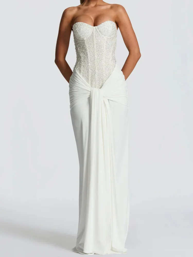 DFDG Dames 2025, lente zomer, luxe paillettenjurk, strapless, hoge taille, wikkelband, bodycon, effen kleur, formele maxi-jurk