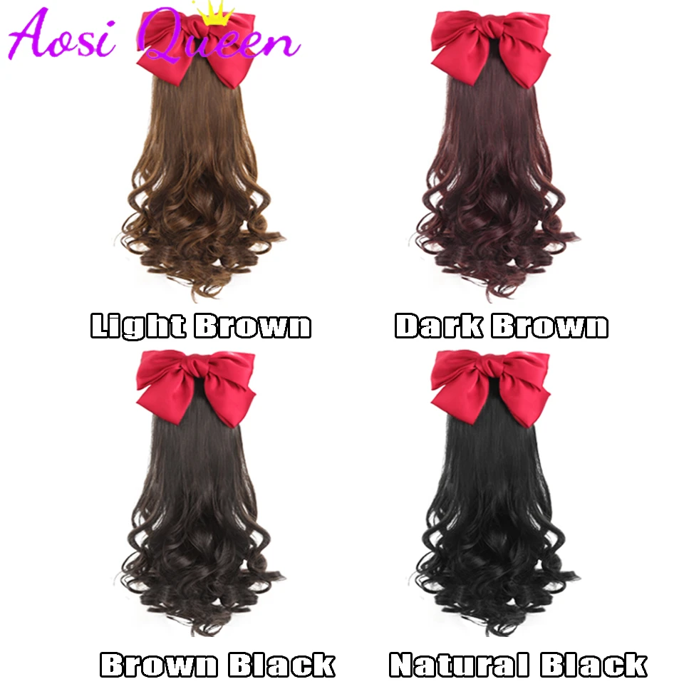 AOSI Synthetic Ponytail Wig For Women Red Bow Hair Comb Long Curly Fake Ponytail Braid Retro Headdress Party Wig