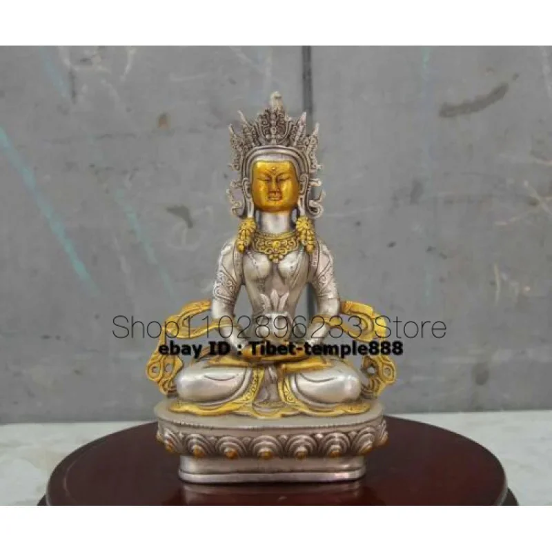 20 CM Chinese bronze Silver-gilt Amitabha Guanyin Amulet Longevity Buddha Statue