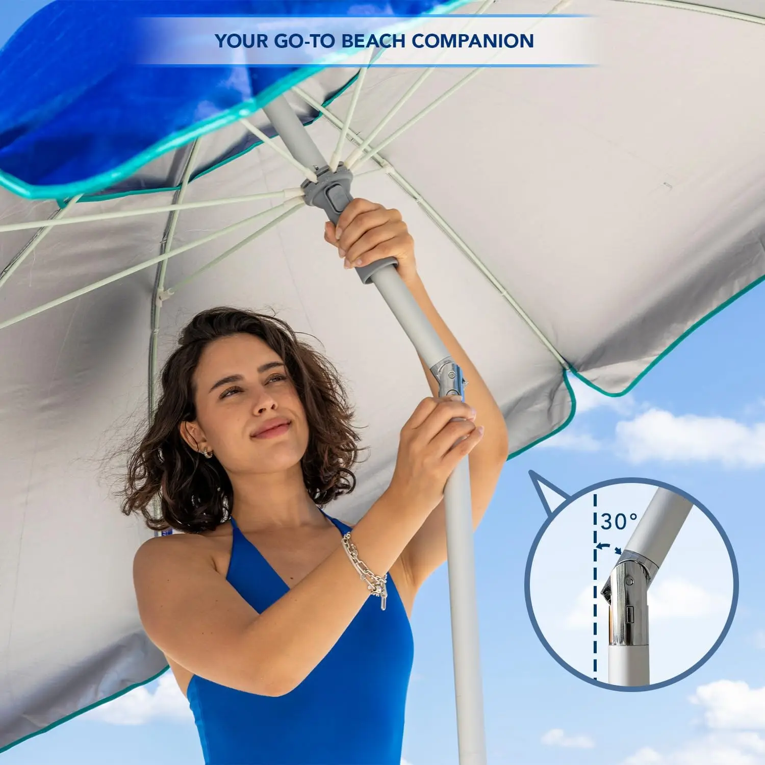 مظلة شاطئ شديدة التحمل مقاومة للرياح بطول 7 أقدام مع مرساة رملية وعمود إمالة وحماية من الأشعة فوق البنفسجية 50+ للاستخدام الخارجي