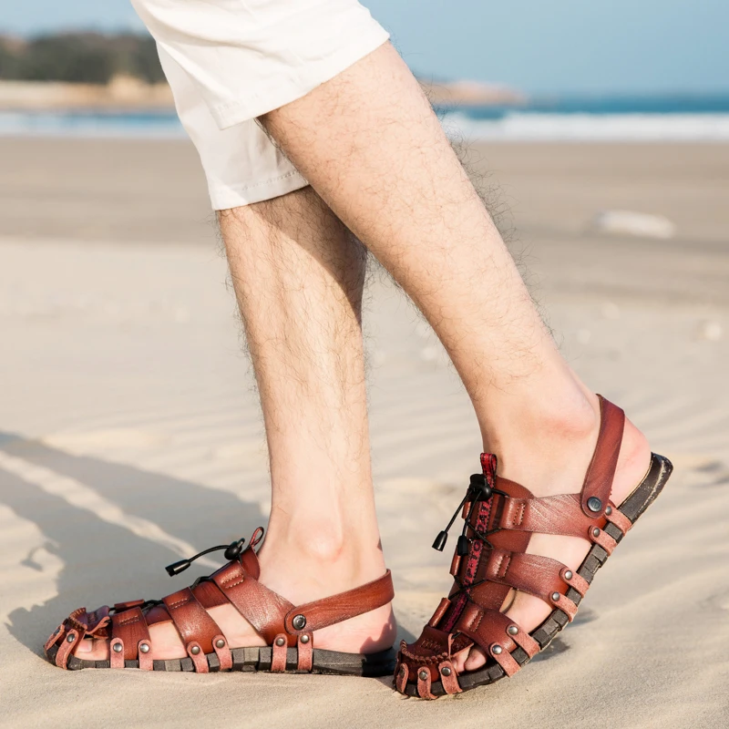 Sandals men's tide summer new style leather toe cap outdoor leisure sports hollow sandals beach shoes