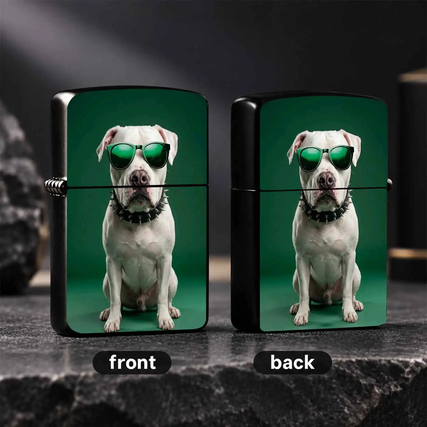Cool White Pitbull with Green Sunglasses Spiked Collar Creative Decorative Ornament, Multi-scenario Portable Unique Item for Daily Use, Fun Stylish Gift for Home Desktop Display Personal Accessory A Humorous And Interesting Lighter