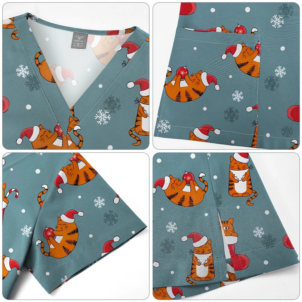 New Scrubs Shirts Medical Nurse Uniform Red Green Christmas Uniforms Men Women's V Neck Short Sleeve Tops Pockets Nursing Blouse