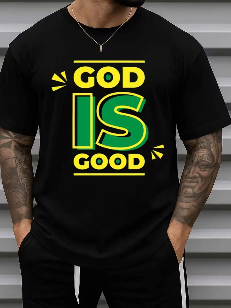 Men's God Is Good T-Shirt 100% Cotton 180GSM Black Short Sleeve with Casual Round Neck Tee for Gym Durable Religious Apparel