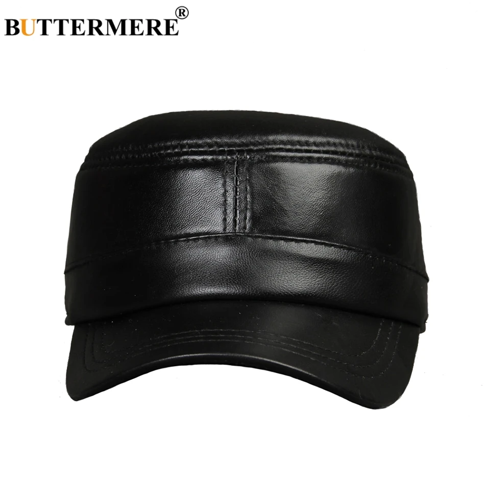 BUTTERMERE Men Military Hat Black Genuine Leather Flat Cap Beret Male Vintage Adjustable Army Cap Ivy Casual Autumn Captain Hat