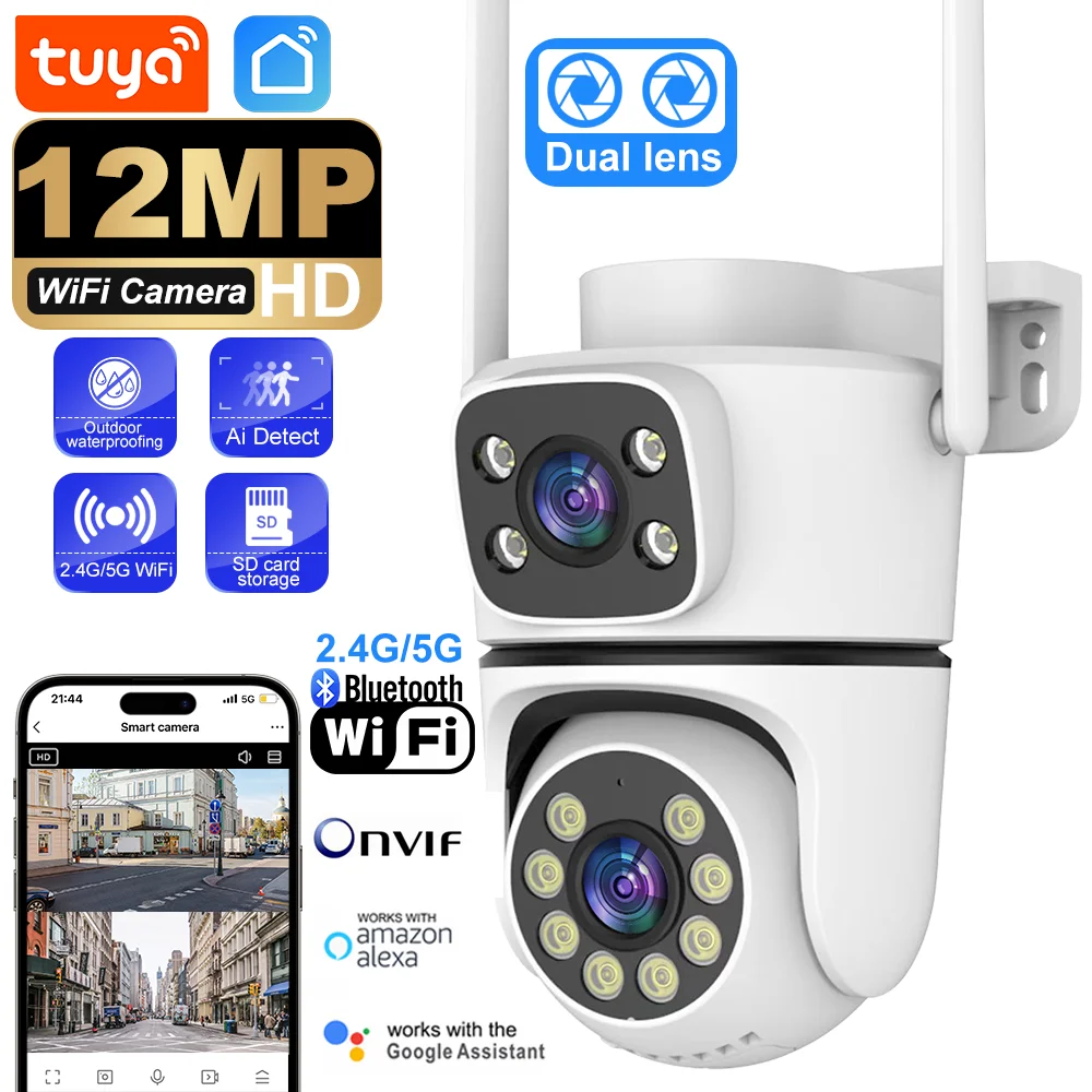 

Tuya 12MP Dual Lens 5G Wifi Camera PTZ Outdoor waterproof Dual Screen Home Security-protection Color Night Vision Surveillance