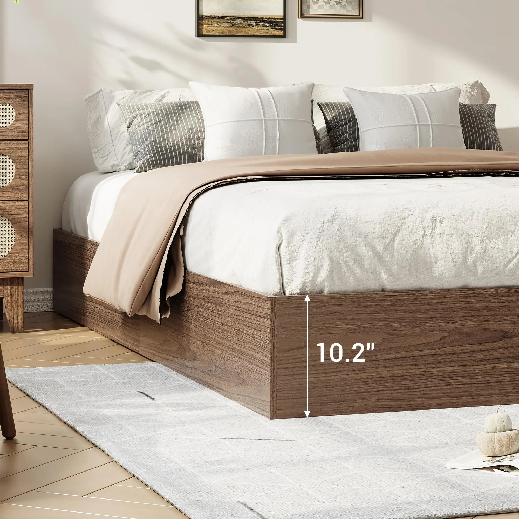 Full Bed Frame with Storage Drawers, Wooden Low Profile Bed Frame