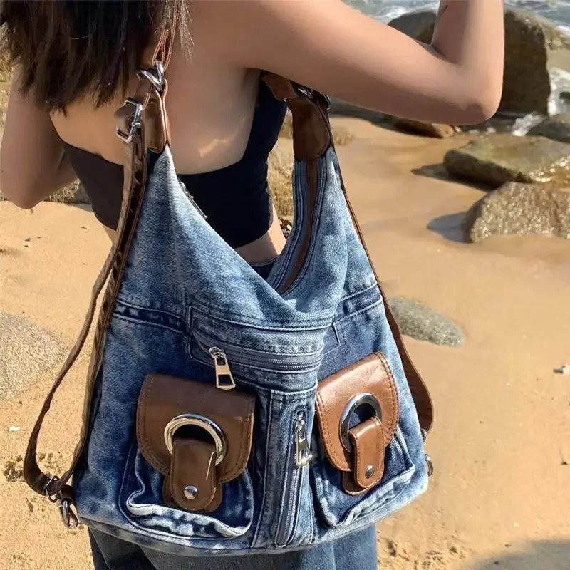 Women Fashion Denim Backpack Large Capacity Vintage Design Handbag Lady Soft Shoulder Bag Korean Beach Travel Backpacks Trend 배낭