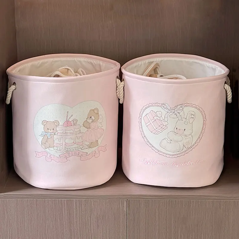 Collapsible Pink Laundry Basket for Baby Girls Round Cartoon Bear Rabbit Nursery Hamper Toys Storage Basket For Bedroom Décor