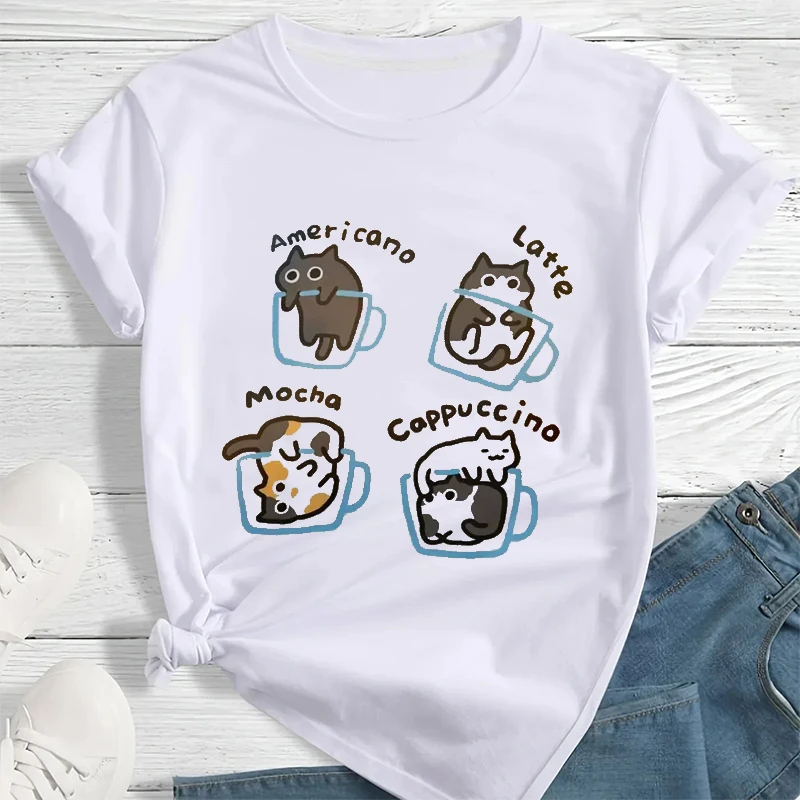 

Cat Coffee Printed Pattern T-shirt Women's Clothing Loose Men's Oversized Tee Original Cat Couple Student Round Neck Y2k Tops