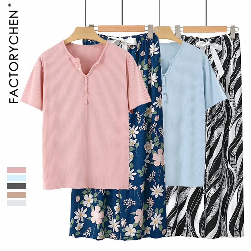 Loose V-Ne ort Sve Knitted Cotton Silk Home Spwear Set Comfortable Breathable Summer Base irt Wide Leg Pants