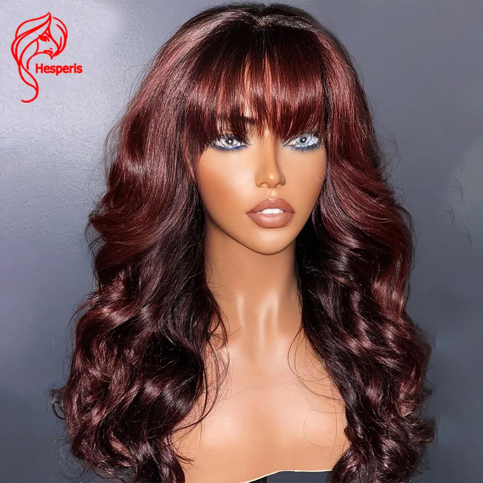 

Hesperis Ombre 99j Human Hair Wigs With Bang Scalp Top Full Machine Made Brazilian Remy Colored Burgundy Wig For Black Women