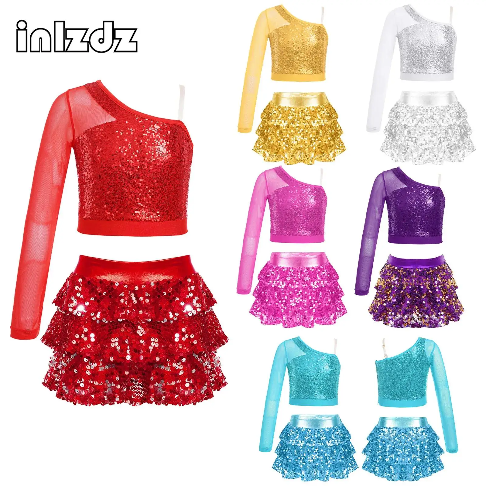 

Kids Girl Jazz Dance Outfit Hip Hop Cheerleading Performance Costume One Shoulder Sequin Crop Top with Metallic Tiered Skirt Set