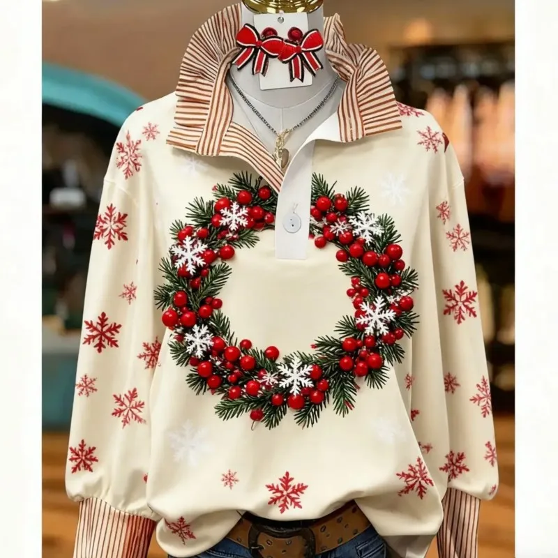 

Women's plus size Christmas&floral print ruffled collar long sleeved shirt 2026