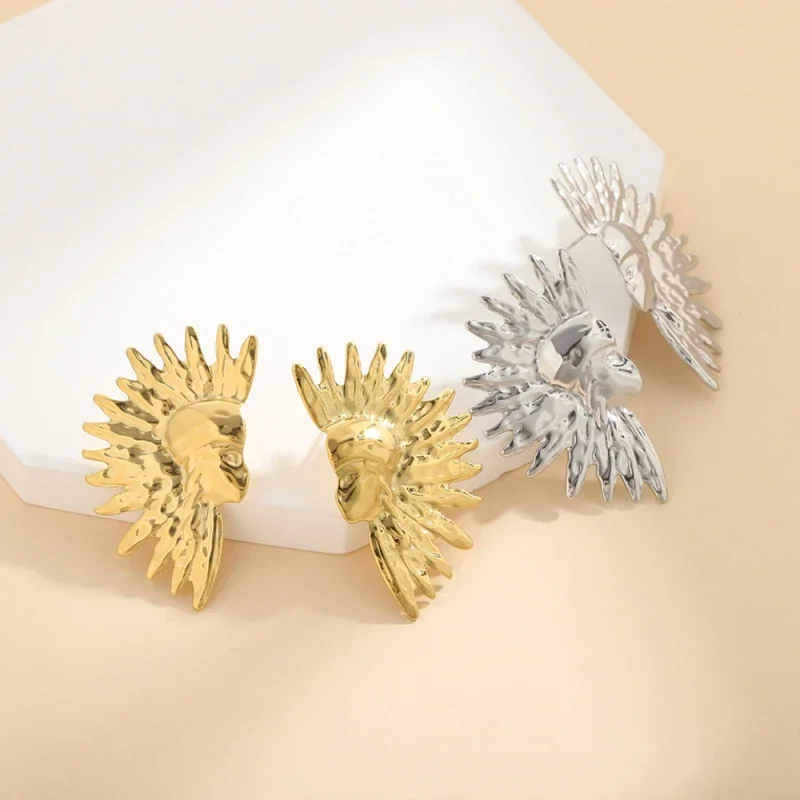 Sunburst Face Statement Stud Earrings for Women  Gold Silver Plated Hammered Irregular Big Abstract Face Party Ear Jewelry Gift