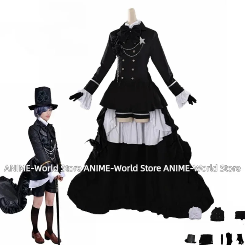 《 Custom size 》 Anime Ciel Phantomhive Funeral Cosplay Cotume Wig Ring Eye Mask Kuroshitsuji Halloween Costume Fancy Party Outfi