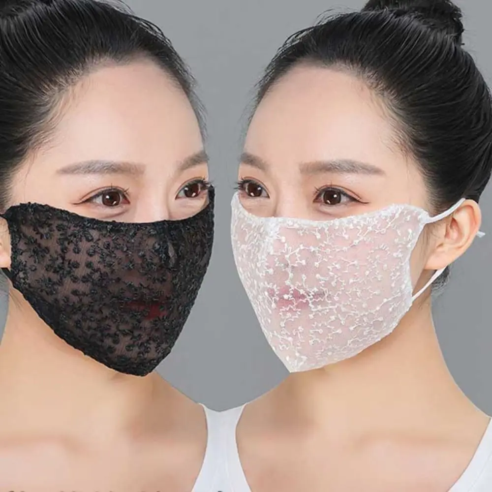 Masker renda pelindung matahari wanita, penutup wajah tabir surya tali yang bisa disesuaikan, masker motif bunga salju gantung musim panas