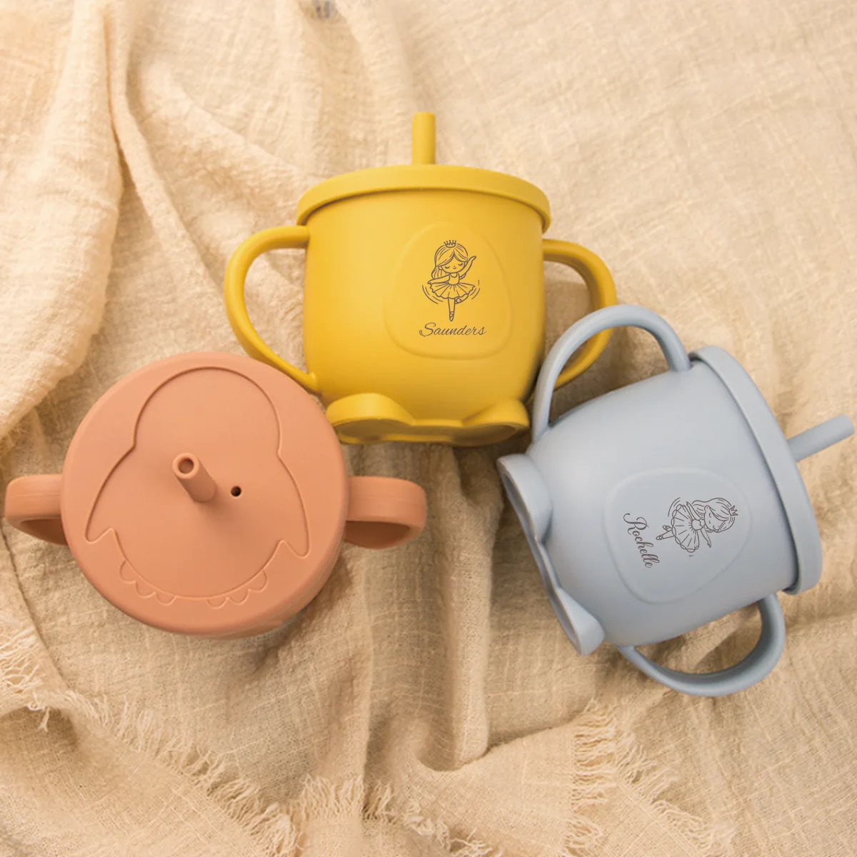 1pc, custom name 360° rotation leak-proof learning cup Penguin theme silicone cup Newborn drinking practice cup Straw set with l