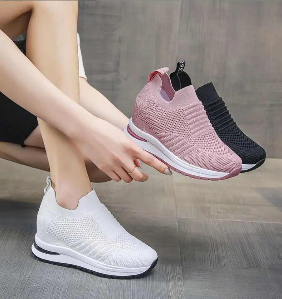 Women\'s Shoes 2024 Summer Hidden Heel Wedges White Pink Sneakers Female Platform Breathable Mesh Black High Heel Casual Shoes