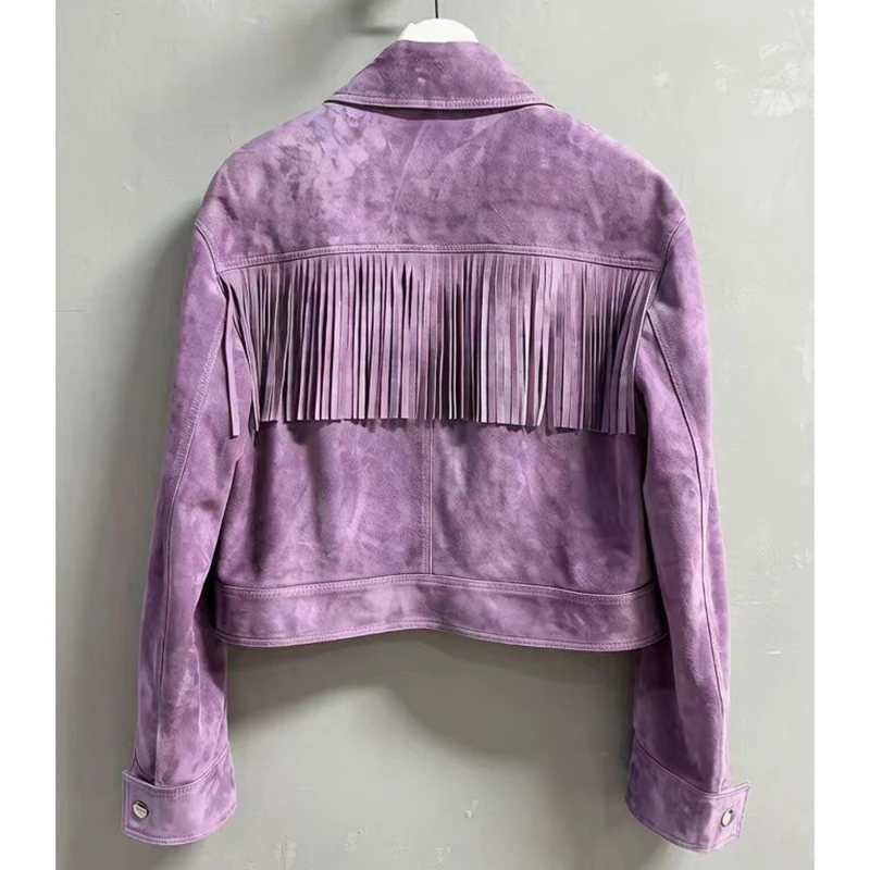 Purple Leather Jacket for Women Autumn Fashion Real Suede Jaqueta Feminina Lapel Zipper Tassel Design Loose Short Sheepskin Coat