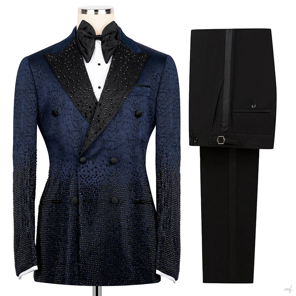Luxury Navy Blue Double Breasted Tuxedo with Sparkly Beaded Lapel Groom Wedding Formal Suit Jacket Pants Customized M265035
