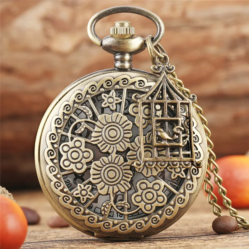 Bronze Antique Hollow-Out Flower Design Women Men Retro Quartz Analog Pocket Watch Necklace Chain with Bird Cage Accessory