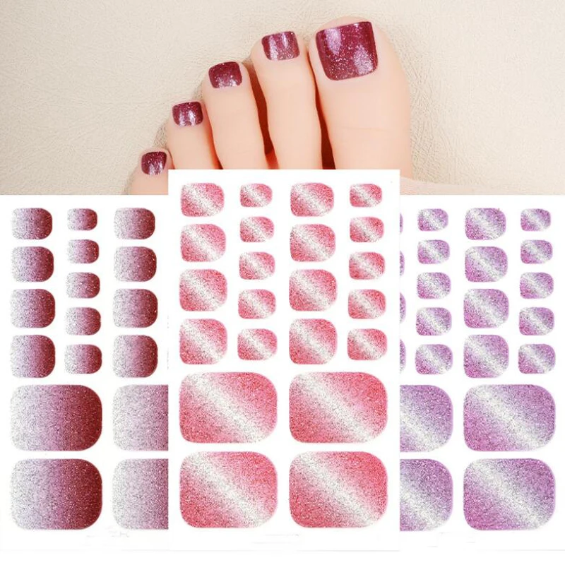 Glitter Solid Toe Nail Stickers copertura completa adesivo Flash Gradient Foot Nail Wraps fai da te finito unghie finte decalcomanie decorazioni