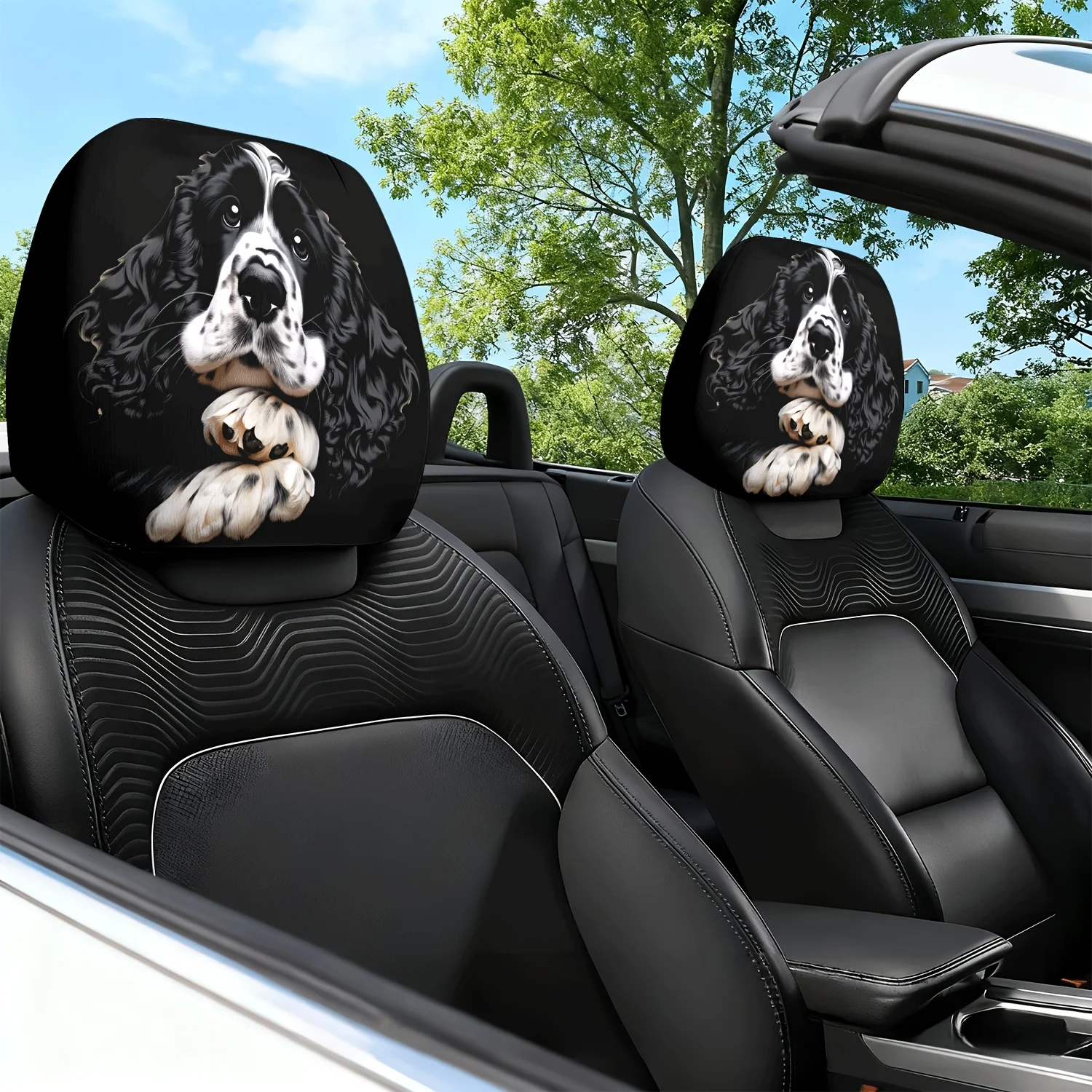 2pcs Car Headrest Covers, Black and White Spotted Puppy Themed Print Pattern Car Seat Cushion Headrest Neck Pillow Cover - wit