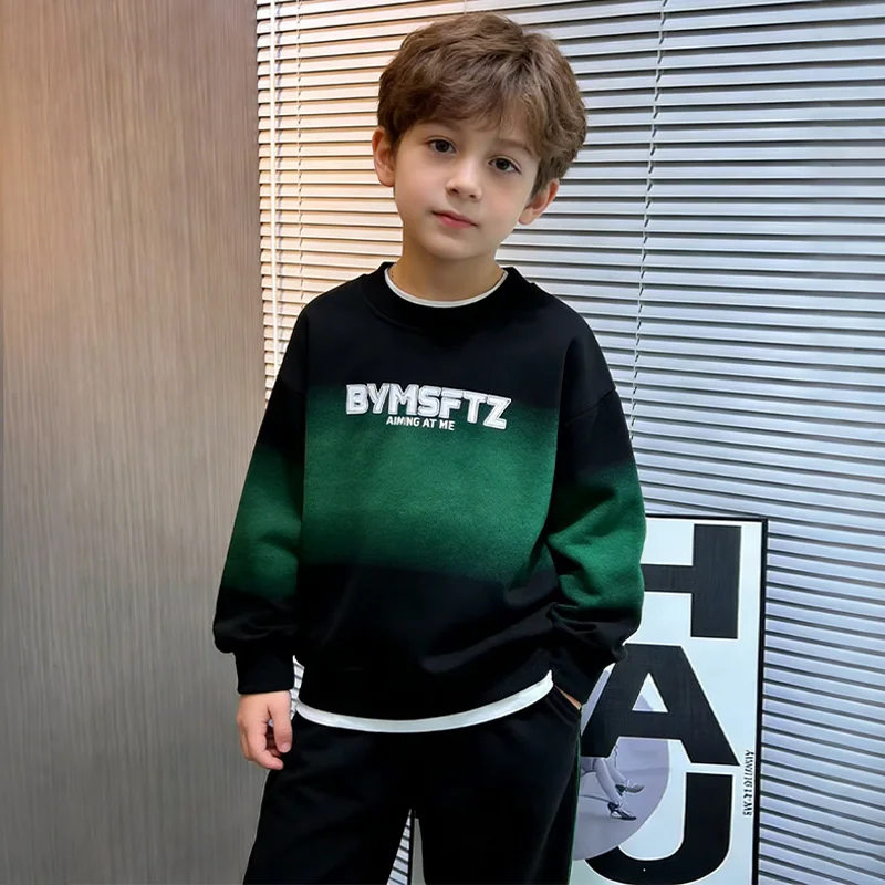 Kids Boys Gradient Print Tracksuit 4-14Y Spring Autumn Fake Two Piece Sweatshirt + Jogger Pants Casual Streetwear Sportswear Set