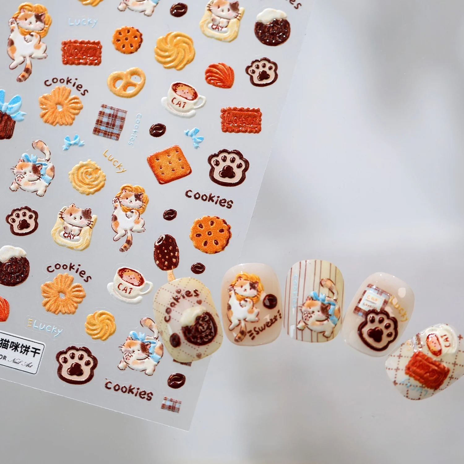 5D Lovely Orange Tabby Cat Cookies Chocolate Ice Cream Plaid Cloth Cup Paw Warm Dessert Nail Stickers Self Adhesive Manicure