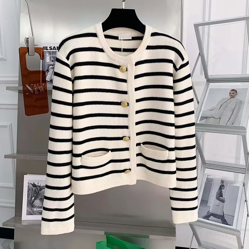 

Long Sleeve Sweaters Cardigan for Women Autumn Winter Striped O-Neck Knitwear Tops Female Korean Fashion Basic Knitted Cardigans