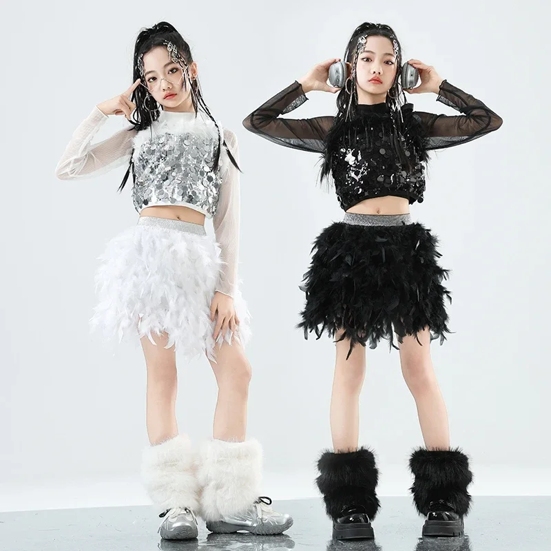 Girls K-pop Silver Sequins Mesh Crop Top Street Dance Skirt Kids Hip Hop Shiny Streetwear Children Jazz Girl Group Clothes Sets