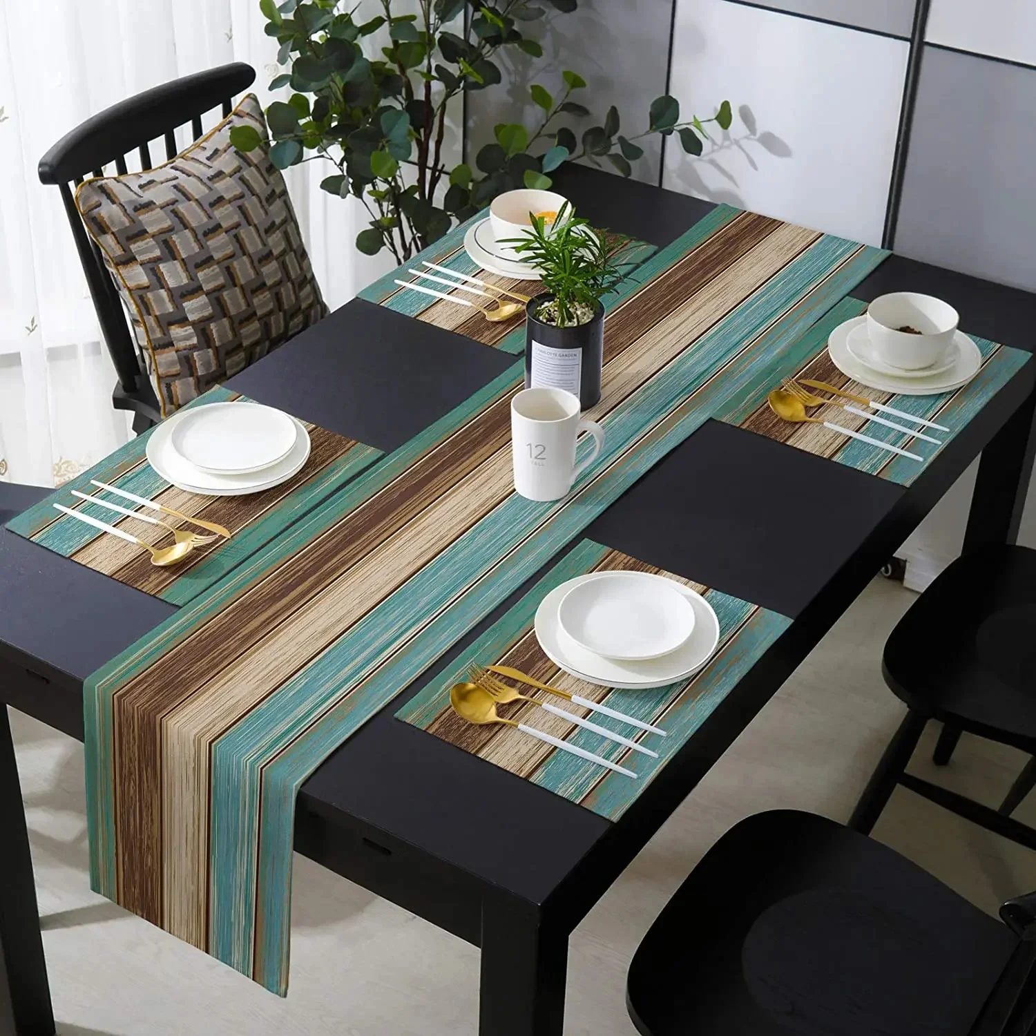 

Abstract Stripe Wood Table Runner Placemats Combination Set Wedding Party Event Dining Table Decoration Hotel Home Tablecloth