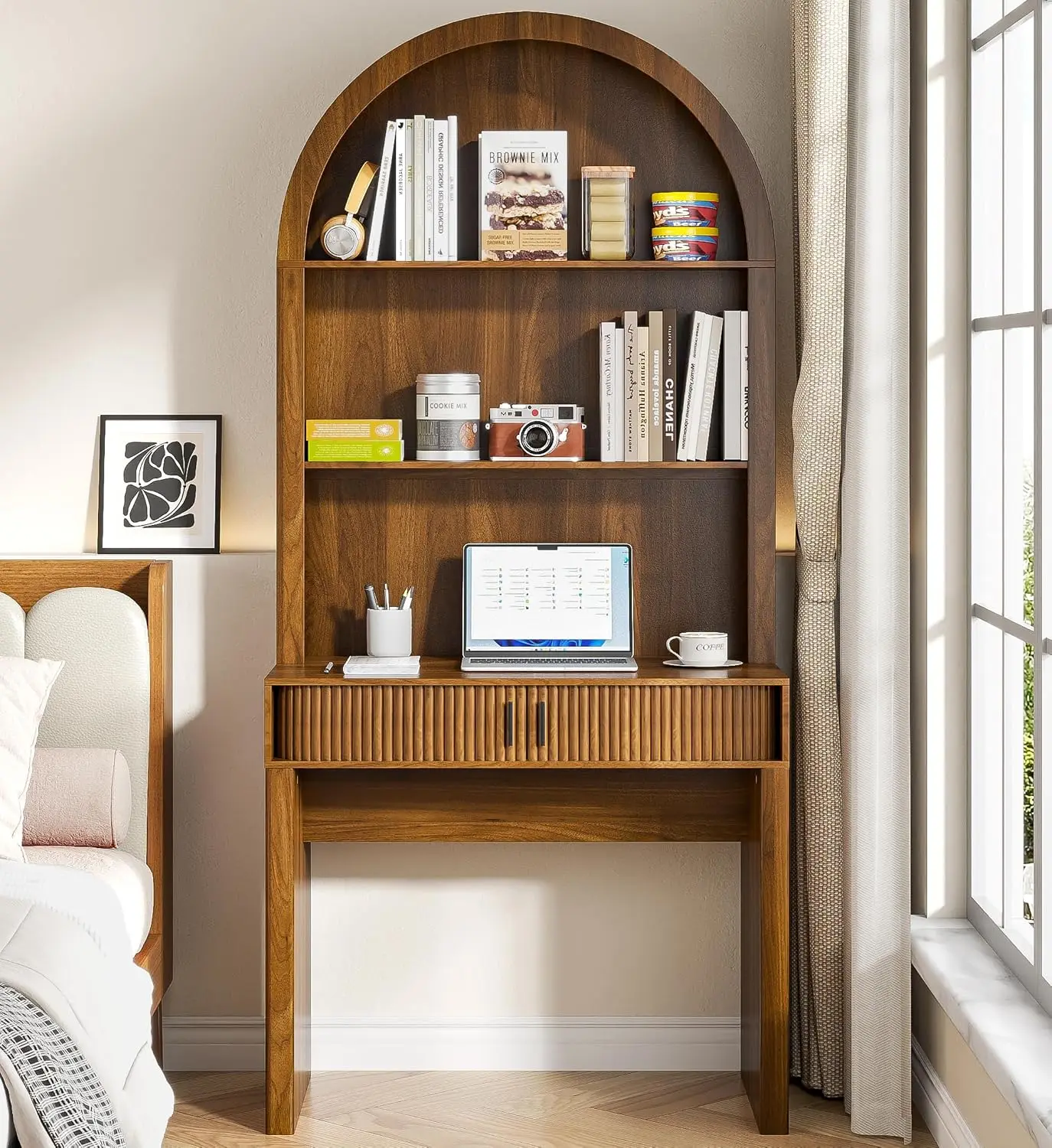 75'' Arched Desk with Hutch, Home Office Desk, Walnut Fluted Storage, Adjustable Shelf, Work Table for Bedroom Apartment