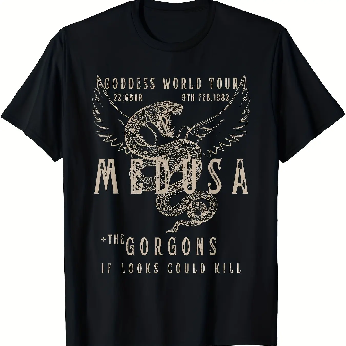 Medusa Goddess World Tour Graphic T-Shirt 100% High Stretch Knit Fabric Regular Fit Unisex Tee with Round Neck Short Sleeves