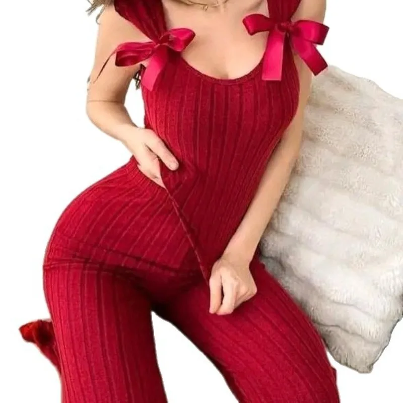 2pcs Set Sleeveless Top and Long Pants Pajama Set Comfortable Fashion Slim Fit Women Loungewear Set with Bow Decor
