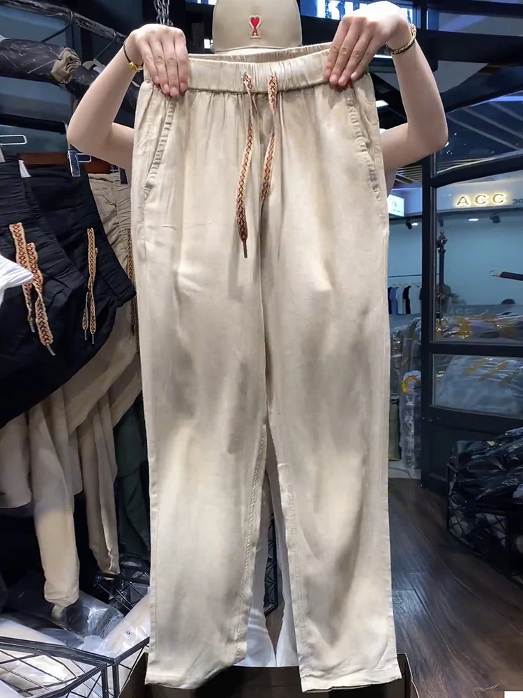 

New Summer Men's Dstring Waed Lyocell Linen Thin Straight Leg Loose Casual Pants mid Waist ex Straight Leg Trousers