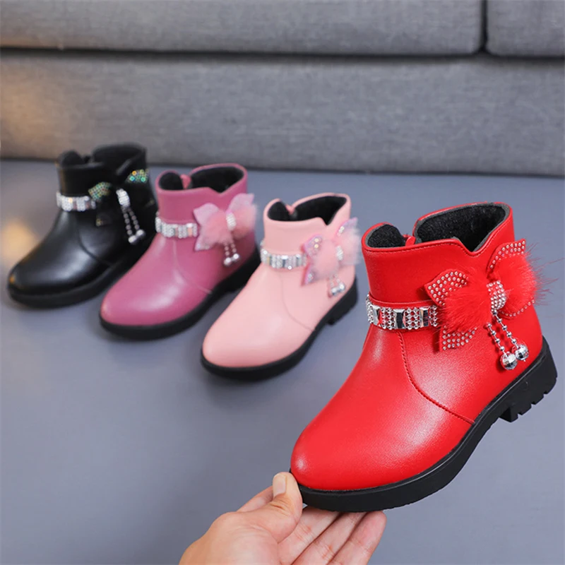 Winter New Children\'s Shoes Girl Mid Length Warm Leather Boots Baby Bow Cute  Plush Student  Cotton Boots