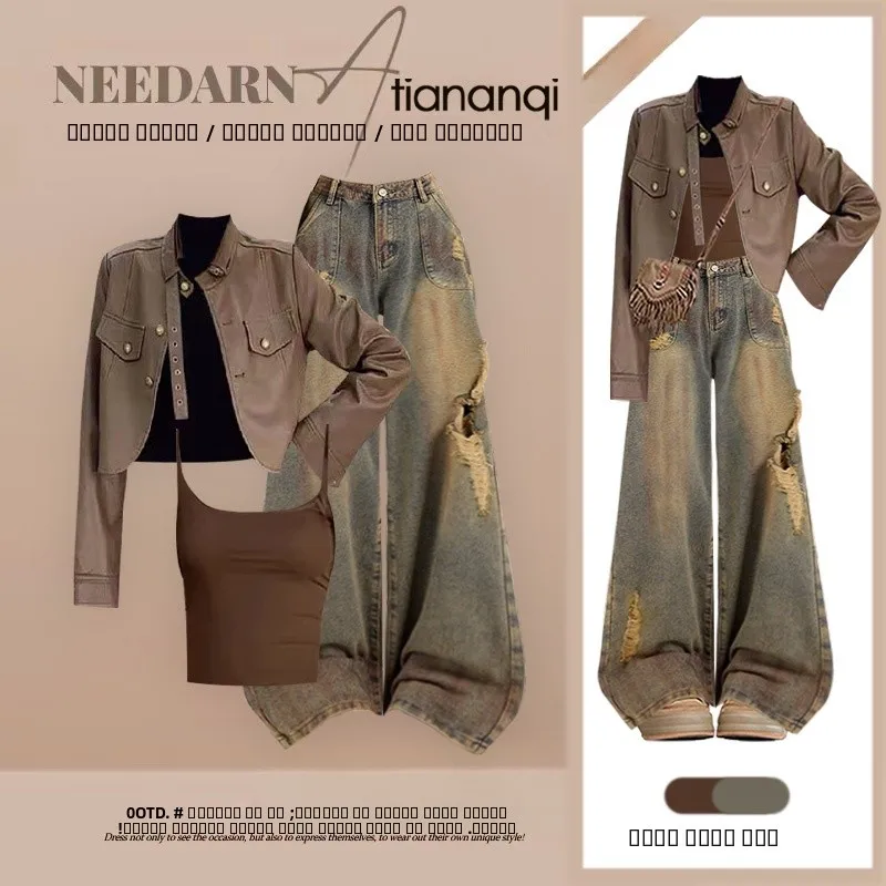 

American Retro Motorcycle Sle Leather Jaet Vest Set High Waist Jeans Long Sve ort Coat Inner Wear Tee Piece Set