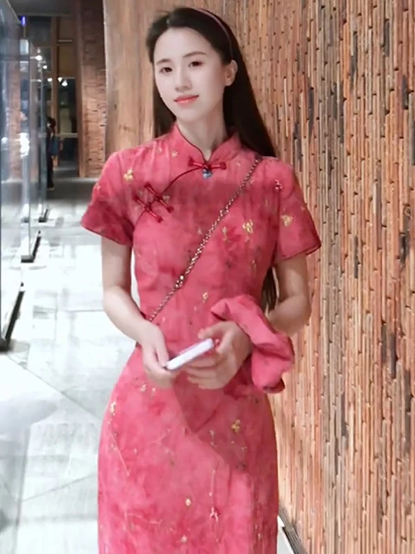 新しい中国風花柄チャイナドレス、ウエストシェイプのロングスカート、ヴィンテージ風、年齢を忘せる夏のデザイン