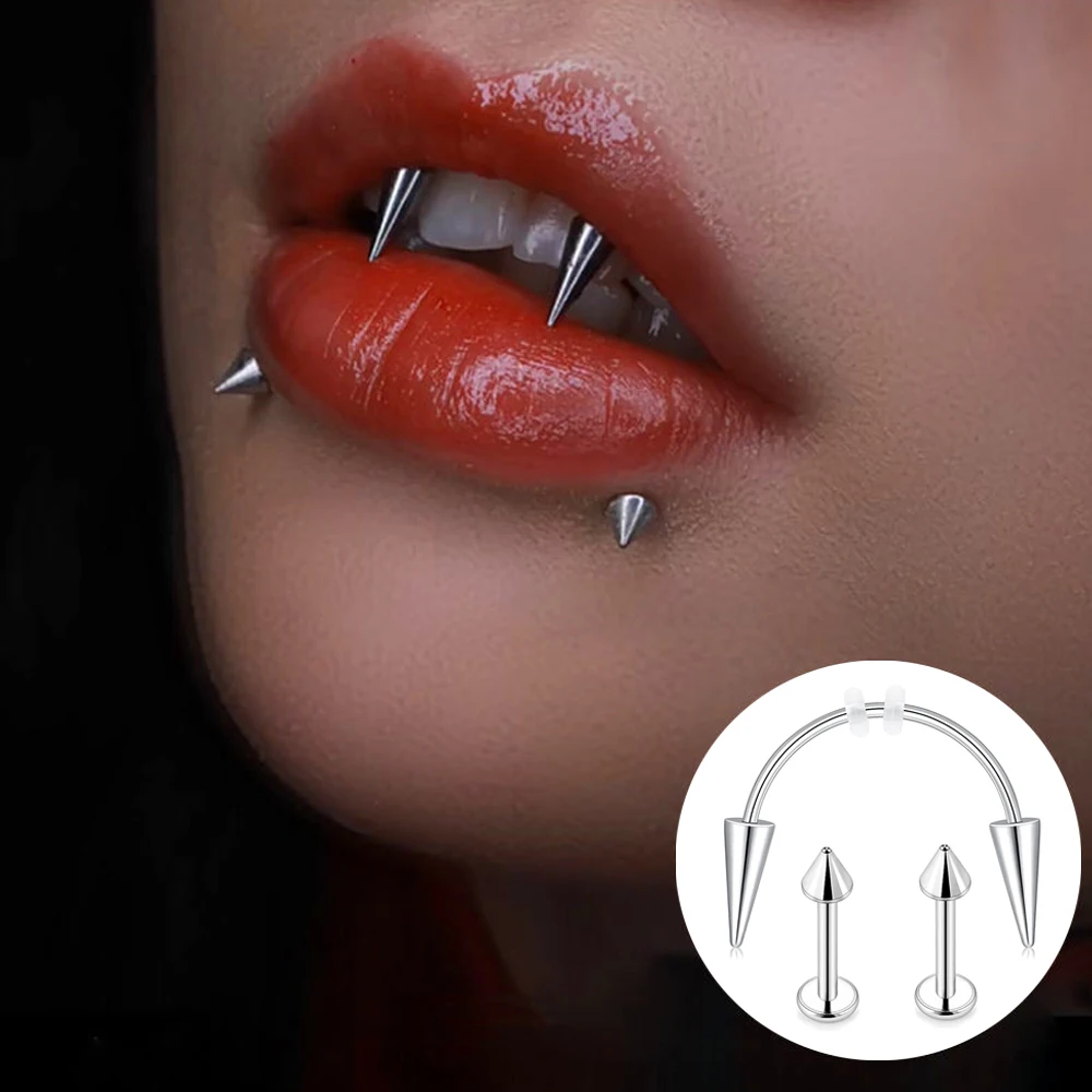 3Pcs Stainless Steel C Rod Dracula Vampire Fangs Tooth  Piercing Punk Labret Ear Piercing Earrings 2023 Trend Body Jewelry