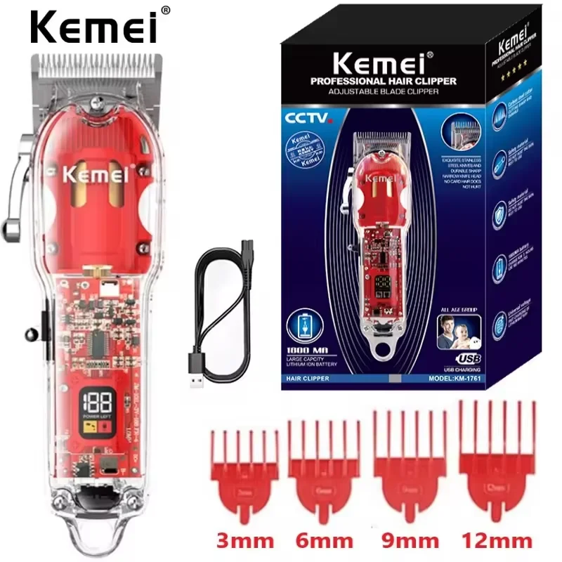 Kemei Rechargeable Hair Cutting Machine Barber Shop Fade Hair Clippers Cordless Trimmer Transparent Cover Red Base KM-1761&246