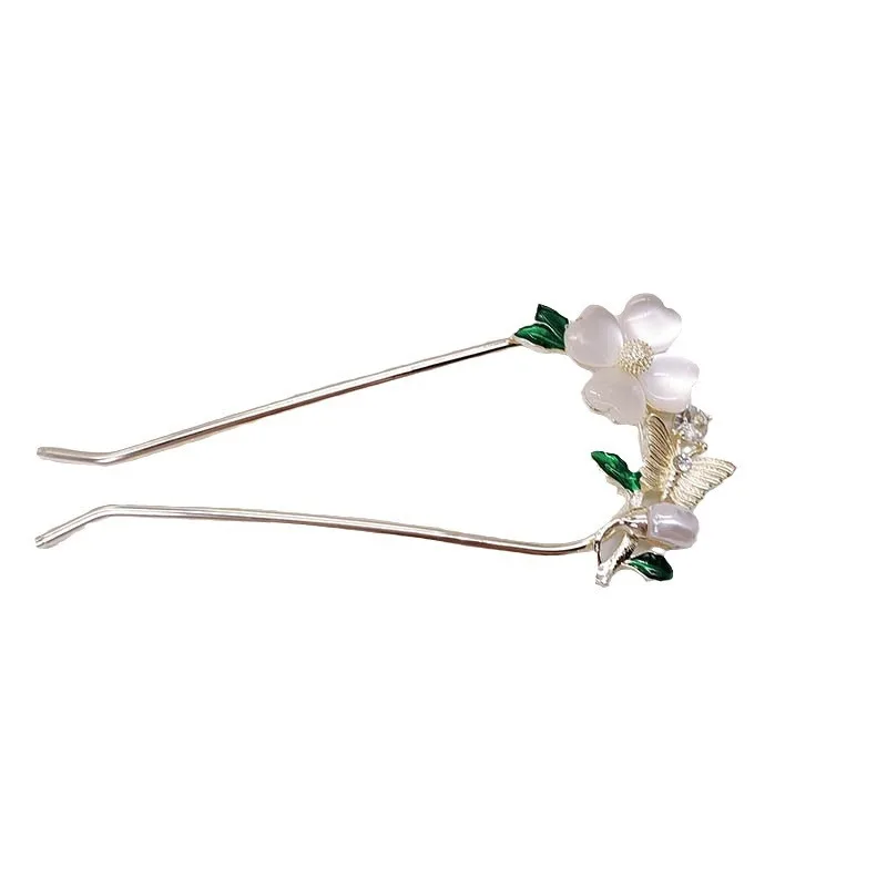 Chinese-style simple flower U-shaped hairpin, high-end cat's eye stone hairpin, hair accessory, updo, hairpin and headwear