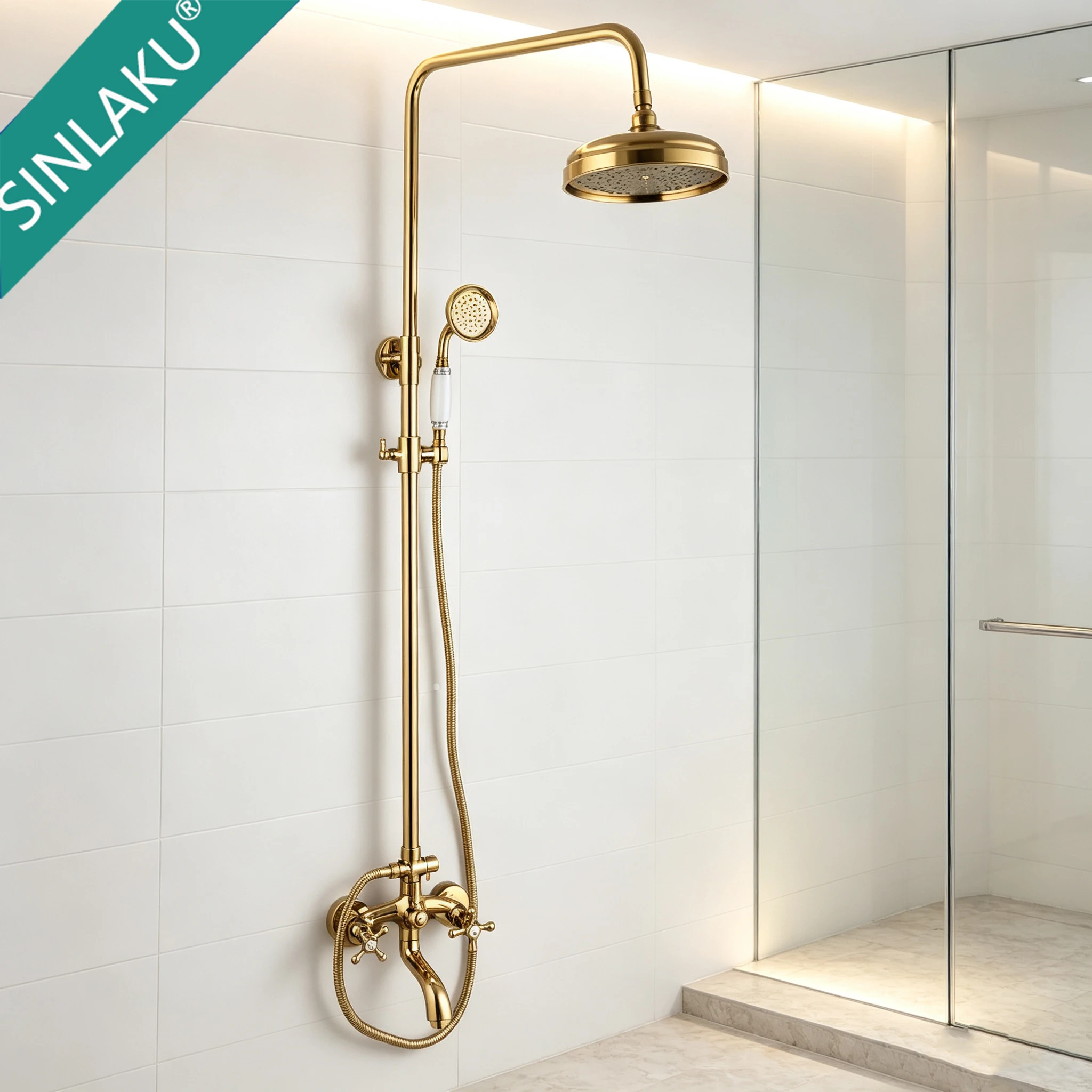 SINLAKU Gold Shower Set Solid Brass Exposed Shower System Antique Retro Cross Handle Rain Shower Kit With Overhead Shower Mixer